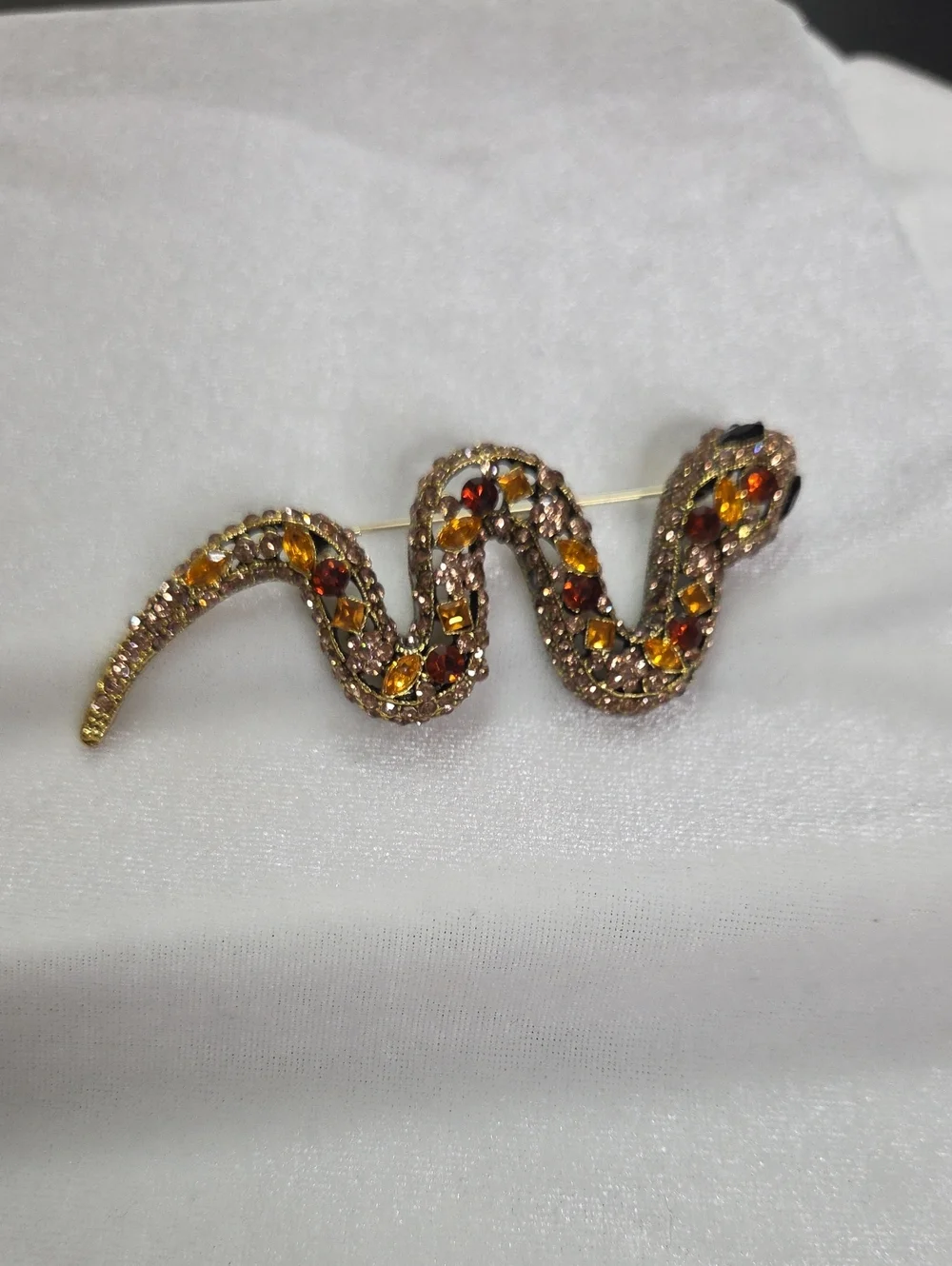 Women's Large Rhinestone Snake Brooch Pin Orange Amber Gold Rhinestones Elegant
